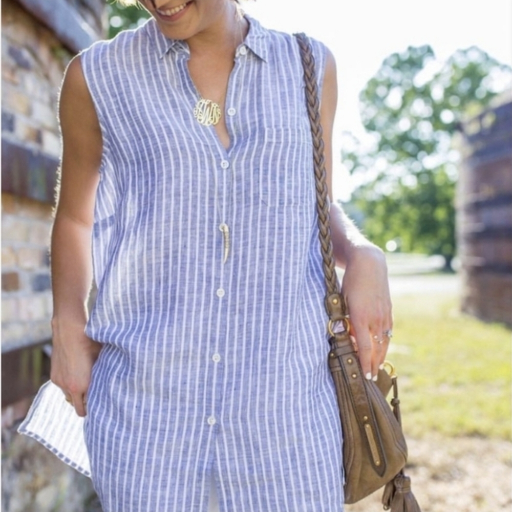 J.Jill Love Linen Blue & White Striped Button Down Tank Top